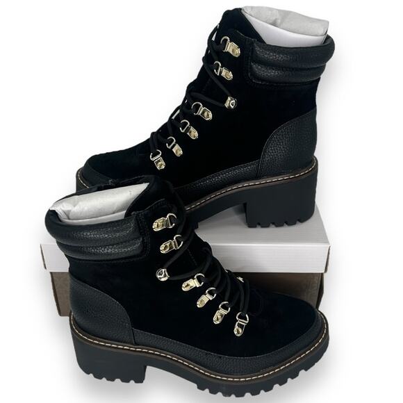 NEW Giani Bernini Chunky Black Moto Boots Size 6 Lace Up Logger Lug Sole Bootie - Picture 1 of 9
